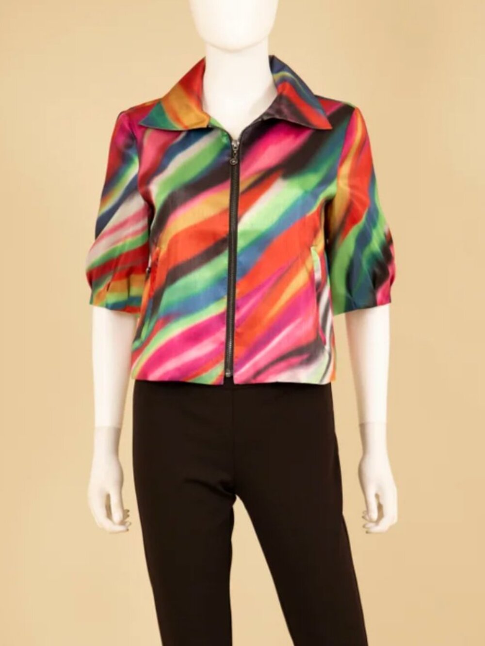 Samuel Dong Multicolor Satin Short Sleeve Zip Jacket - XS